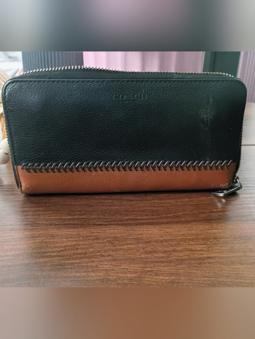 COACH Rip & Repair Accordion Zip Wallet - Black & Saddle Leather